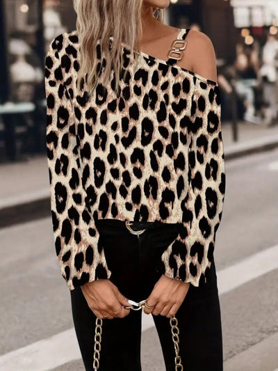 Bluza modal cu imprimeu leopard, mâneci lungi, umăr gol cu catarame, pentru femei, 27189