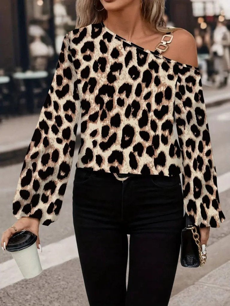 Bluza modal cu imprimeu leopard, mâneci lungi, umăr gol cu catarame, pentru femei, 27189
