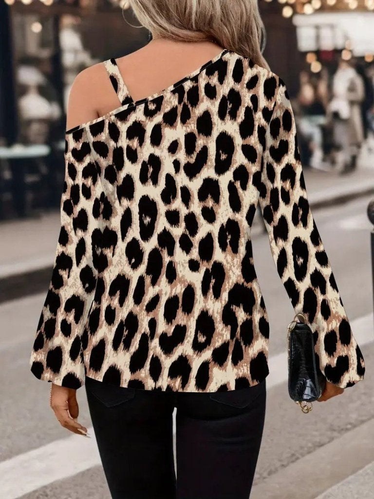 Bluza modal cu imprimeu leopard, mâneci lungi, umăr gol cu catarame, pentru femei, 27189