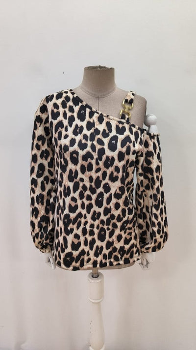 Bluza modal cu imprimeu leopard, mâneci lungi, umăr gol cu catarame, pentru femei, 27189