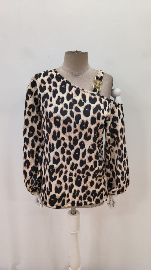 Bluza modal cu imprimeu leopard, mâneci lungi, umăr gol cu catarame, pentru femei, 27189