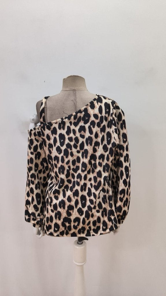 Bluza modal cu imprimeu leopard, mâneci lungi, umăr gol cu catarame, pentru femei, 27189