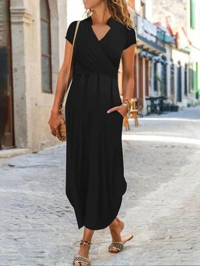Rochie de damă din viscoză cu mânecă scurtă și decolteu în V, model mandarin, 27236