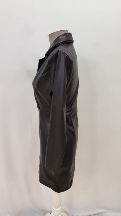 Rochie mini din piele cu mânecă lungă și guler pentru femei, 29180