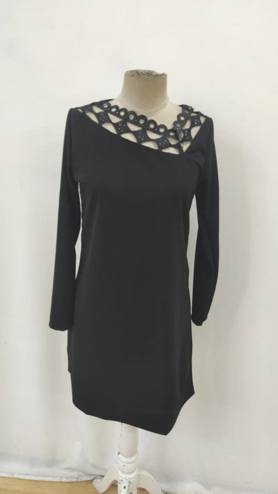 Rochie mini din crep importat cu mânecă lungă și guler din dantelă pentru femei, 31717