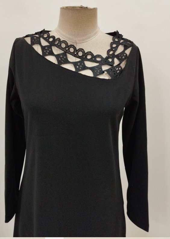 Rochie mini din crep importat cu mânecă lungă și guler din dantelă pentru femei, 31717