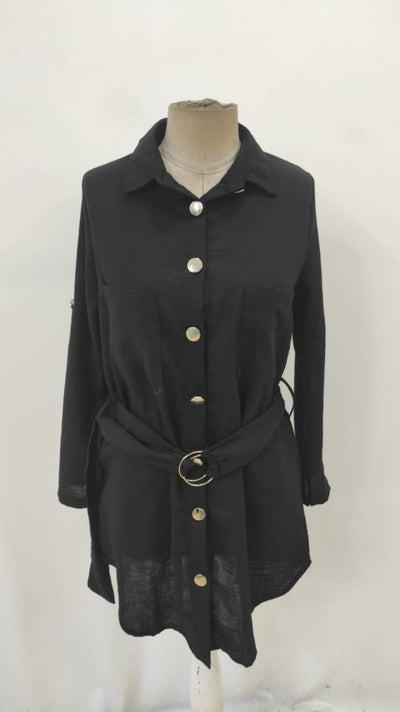 Rochie mini pentru femei, din in importat, cu mânecă lungă, guler, nasturi în față și curea, 31355