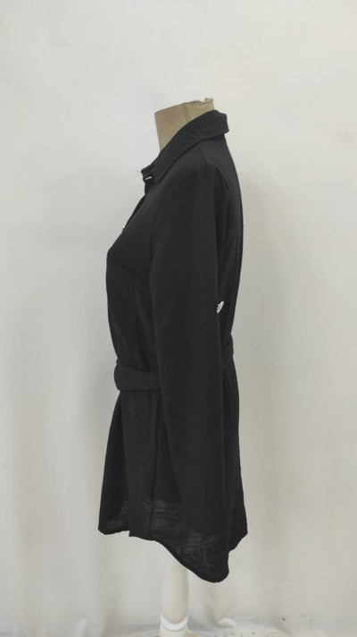 Rochie mini pentru femei, din in importat, cu mânecă lungă, guler, nasturi în față și curea, 31355
