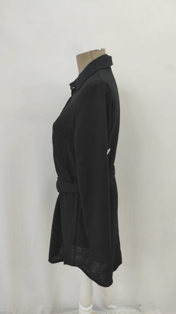 Rochie mini pentru femei, din in importat, cu mânecă lungă, guler, nasturi în față și curea, 31355