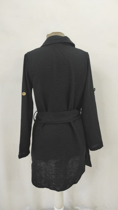 Rochie mini pentru femei, din in importat, cu mânecă lungă, guler, nasturi în față și curea, 31355