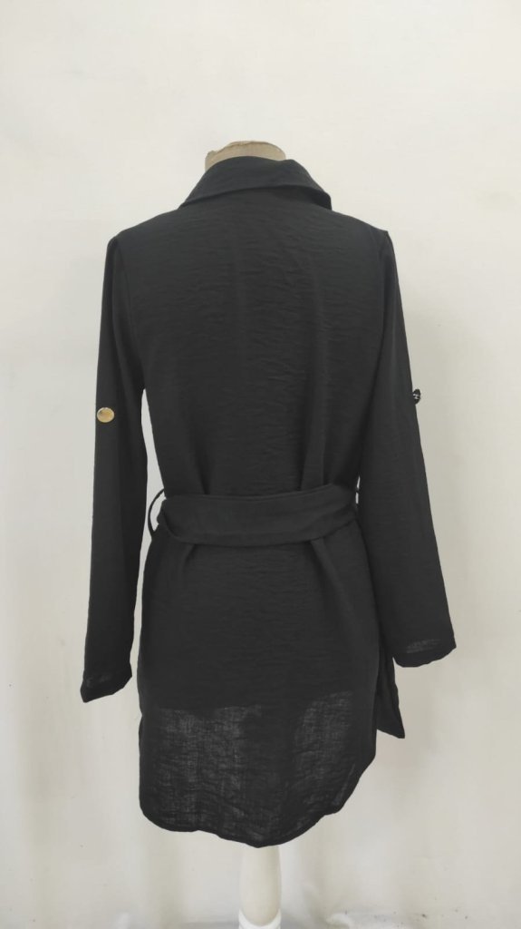 Rochie mini pentru femei, din in importat, cu mânecă lungă, guler, nasturi în față și curea, 31355