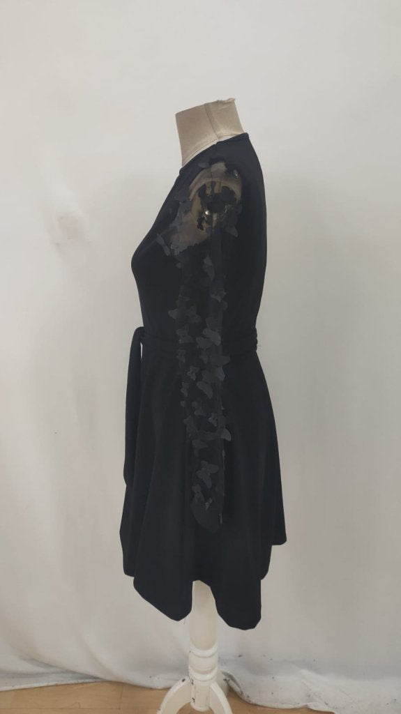 Rochie de damă cu mânecă lungă, guler rotund, mâneci din tul și detalii fluture, rochie din crep importat, 34759