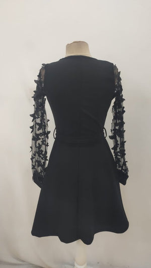 Rochie de damă cu mânecă lungă, guler rotund, mâneci din tul și detalii fluture, rochie din crep importat, 34759