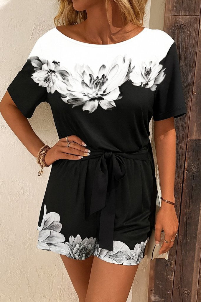 Kadın Tek Omuzu Açık çiçek Desenli Beli Kuşaklı Iki Iplik Mini Short Tulum, 34835