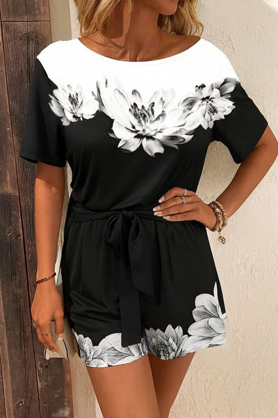 Kadın Tek Omuzu Açık çiçek Desenli Beli Kuşaklı Iki Iplik Mini Short Tulum, 34835
