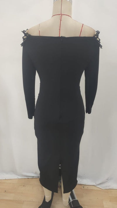 Rochie midi de damă cu mânecă lungă, guler din dantelă și crăpătură Madonna, 32267