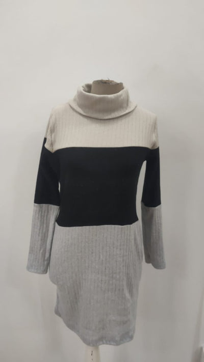 Rochie tip costum cu mâneci lungi, guler înalt, cu dungi multicolore și căptușeală tip cașmir, 30834