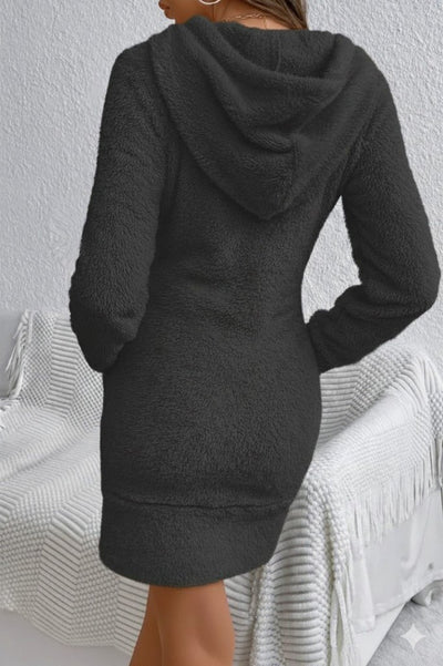 Rochie de damă mini, de pluș, cu mânecă lungă, glugă și buzunar, 27813