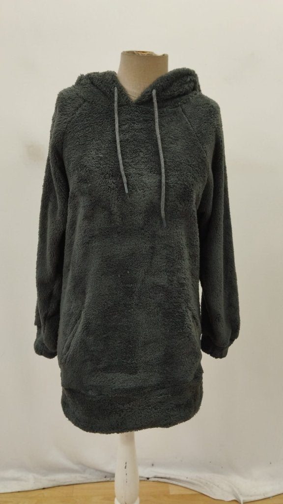 Rochie de damă mini, de pluș, cu mânecă lungă, glugă și buzunar, 27813