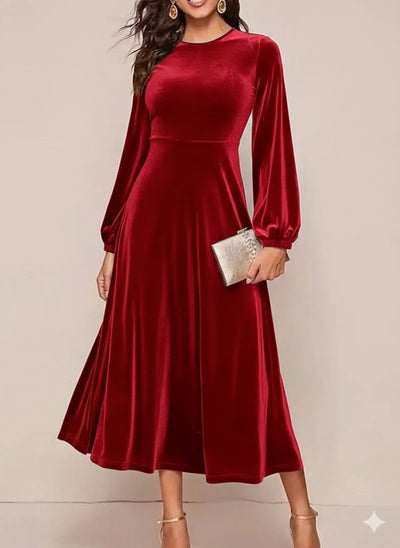 Rochie midi de damă, catifea, cu mânecă lungă, guler rotund, 29502