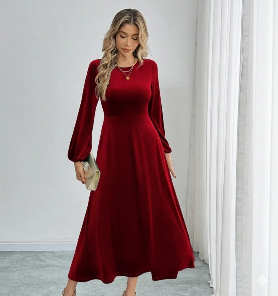 Kadın Uzun Kollu Bisiklet Yaka Midi Kadife Elbise, 29502