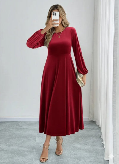 Rochie midi de damă, catifea, cu mânecă lungă, guler rotund, 29502