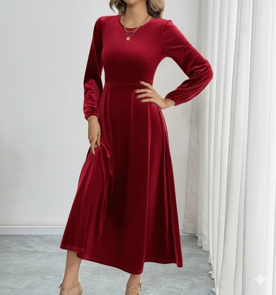 Rochie midi de damă, catifea, cu mânecă lungă, guler rotund, 29502