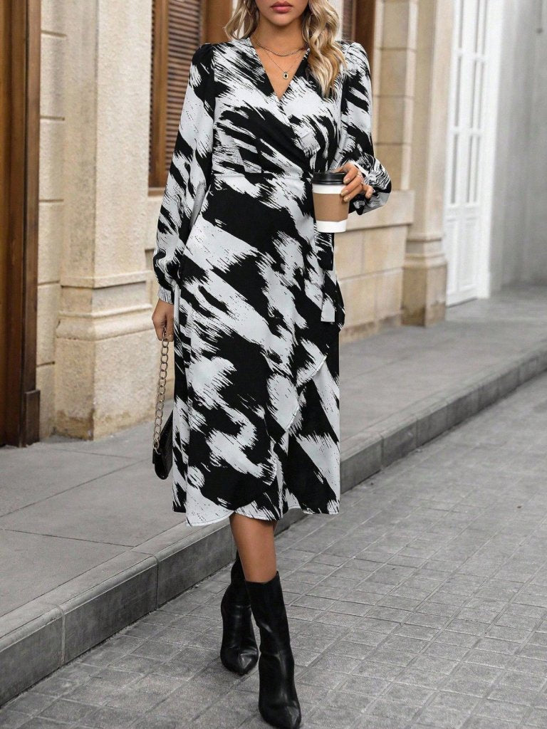 Rochie mini din modal cu mânecă lungă, decolteu înfășurat, cu noduri laterale și model, 27847