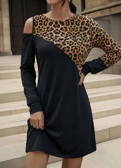 Rochie mini pentru femei, cu mânecă lungă, fără umeri, din viscoză, cu imprimeu leopard și două fire, 30700
