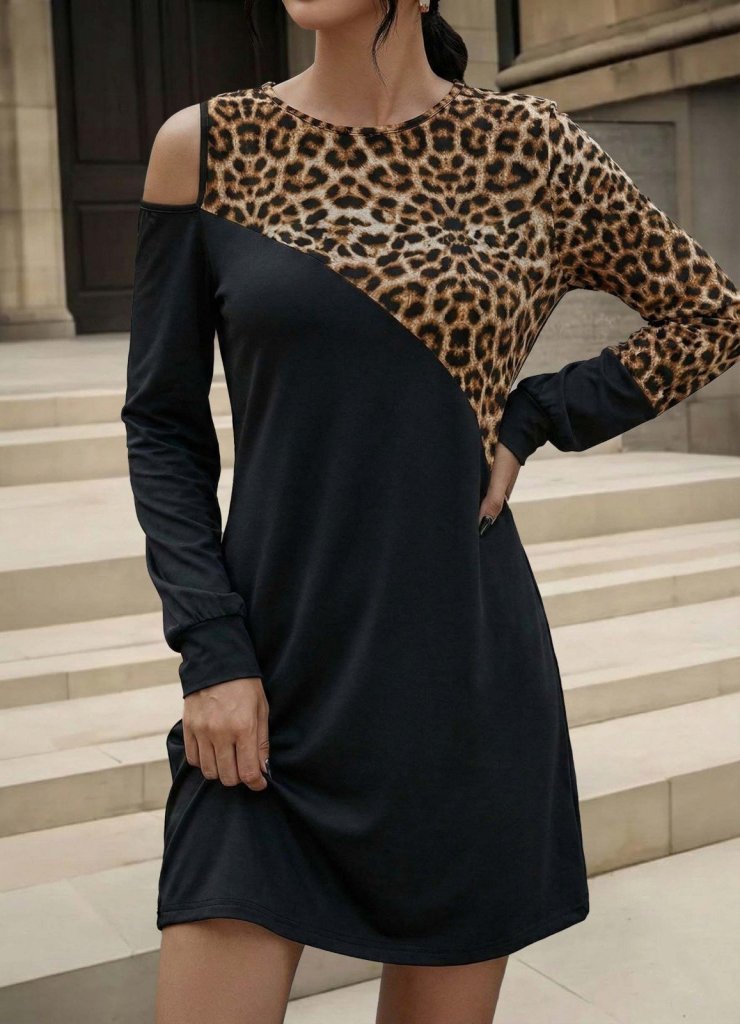 Rochie mini pentru femei, cu mânecă lungă, fără umeri, din viscoză, cu imprimeu leopard și două fire, 30700