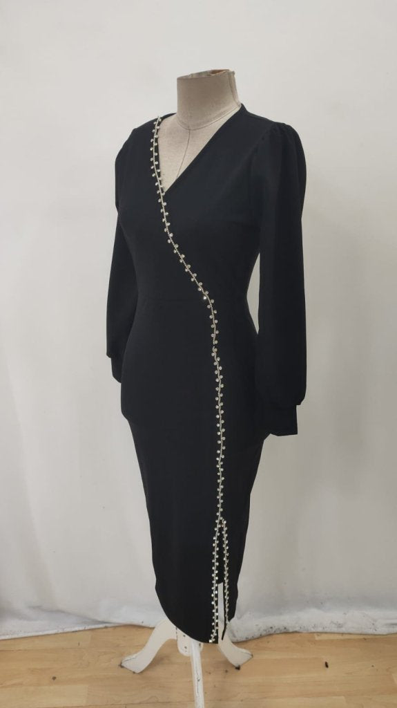 Kadın Uzun Kollu V Yakalı Yırtmaçlı Taşlı Uzun Ithal Krep Elbise, 32184