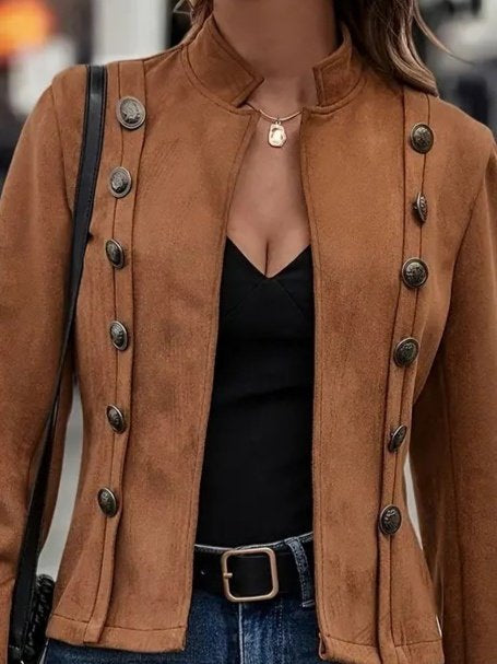 Kadın Uzun Kollu Hakim Yaka Yanlardan Düğmeli Kısa Süet Ceket, 29558