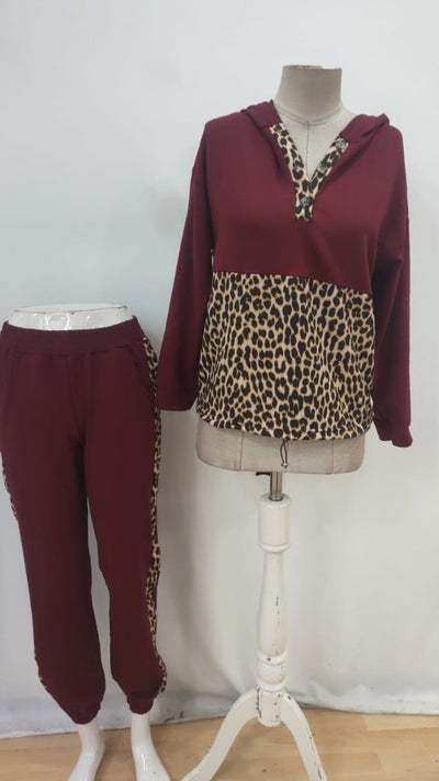 Set de două piese: Bluză cu mâneci lungi și cu glugă cu model leopard din viscozã doi fir și pantaloni pentru femei, 27997