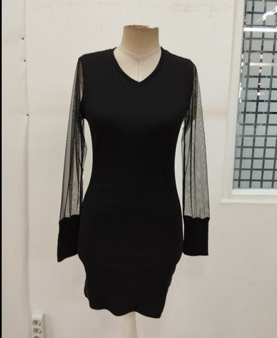 Rochie mini din corset pentru femei cu mâneci lungi, gât V, detalii de tul, 37576