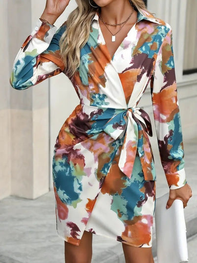 Rochie mini din modal cu model, cu mânecă lungă și guler, cu noduri laterale, pentru femei, 28073