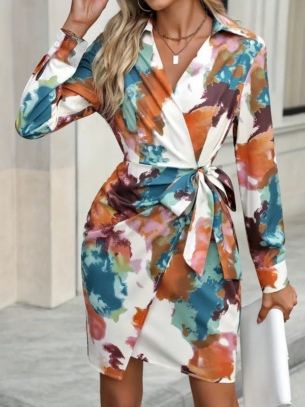 Rochie mini din modal cu model, cu mânecă lungă și guler, cu noduri laterale, pentru femei, 28073