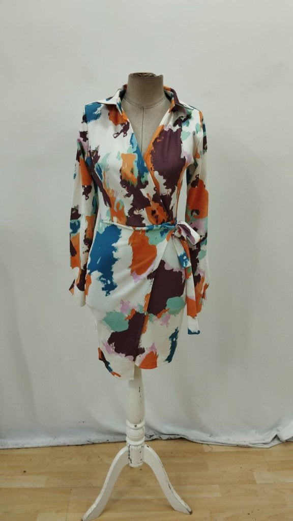 Rochie mini din modal cu model, cu mânecă lungă și guler, cu noduri laterale, pentru femei, 28073