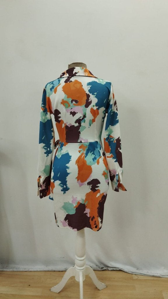 Rochie mini din modal cu model, cu mânecă lungă și guler, cu noduri laterale, pentru femei, 28073