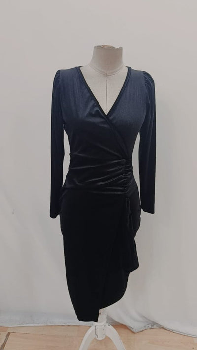 Rochie Midi de Damă din Catifea, cu Mânecă Lungă, Guler Petrecut și Detaliu Drapat pe Lateral, 29209