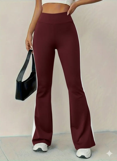 Pantaloni damă tip colanți, din neopren, cu talie înaltă, croială evazată și bandă decorativă laterală, 29805
