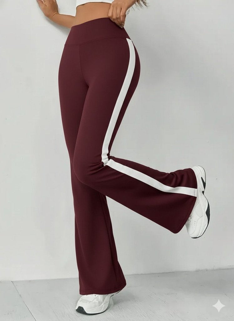 Pantaloni damă tip colanți, din neopren, cu talie înaltă, croială evazată și bandă decorativă laterală, 29805
