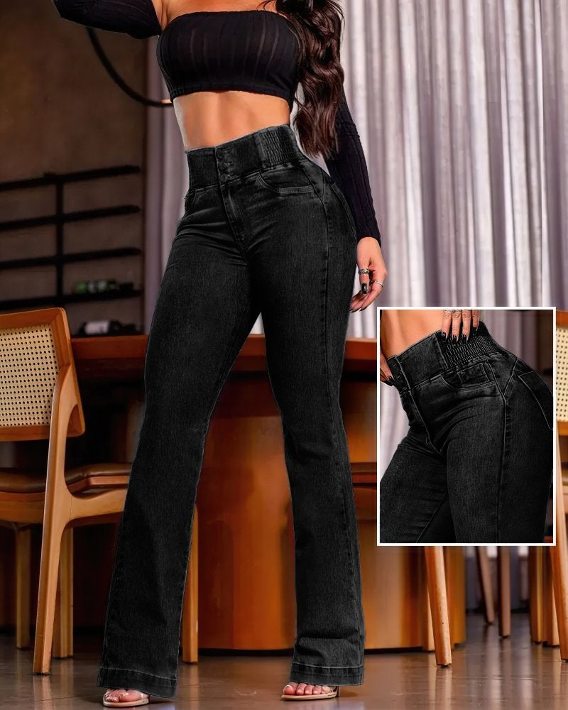 Kadın Yüksek Bel Yanları Lastik önü Düğmeli Kot Pantolon, 31782