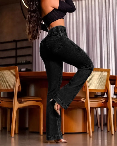 Kadın Yüksek Bel Yanları Lastik önü Düğmeli Kot Pantolon, 31782