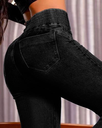 Kadın Yüksek Bel Yanları Lastik önü Düğmeli Kot Pantolon, 31782