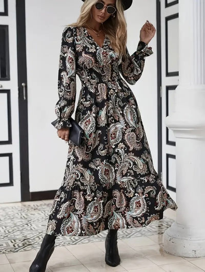 Rochie maxi lungă cu imprimeu, mânecă lungă, decolteu înfășurat, talie elastică, 30682