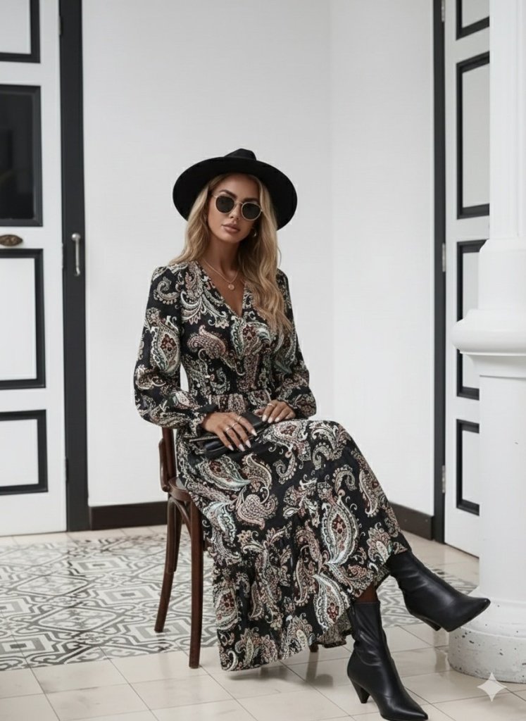 Rochie maxi lungă cu imprimeu, mânecă lungă, decolteu înfășurat, talie elastică, 30682