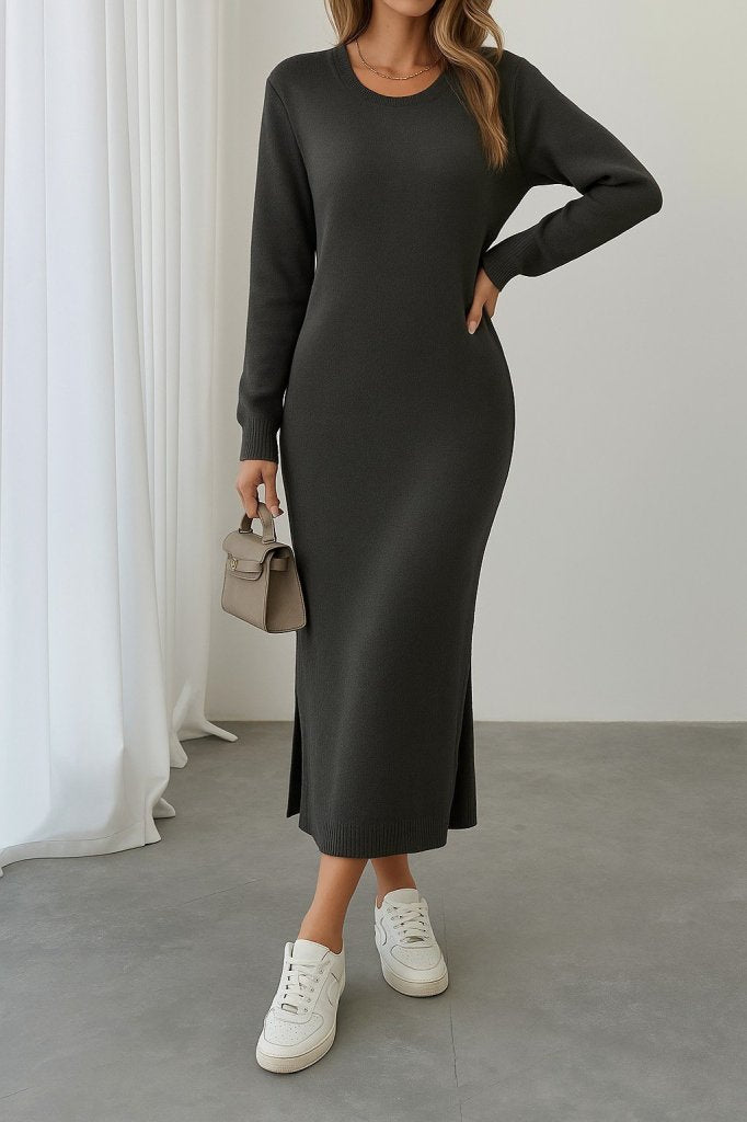Rochie midi tricotată cu mânecă lungă, guler rotund și detaliu cu crăpături pentru femei, 31375