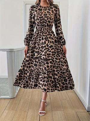 Rochie midi Supreme cu mânecă lungă, guler rotund și imprimeu leopard, 28383