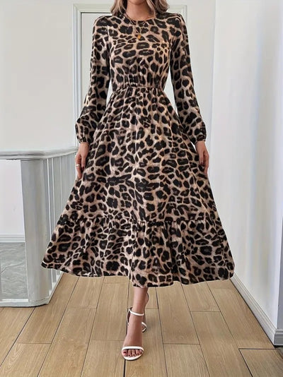 Uzun Kollu Bisiklet Yaka Leopar Desenli Midi Süprem Elbise, 28383