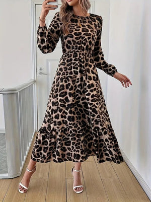 Rochie midi Supreme cu mânecă lungă, guler rotund și imprimeu leopard, 28383